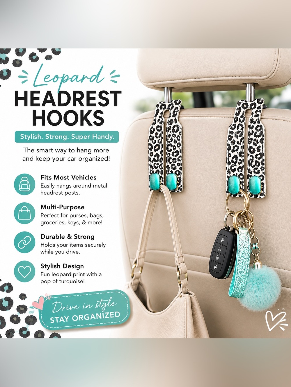 Leopard Print Headrest Hooks with Turquoise Accents